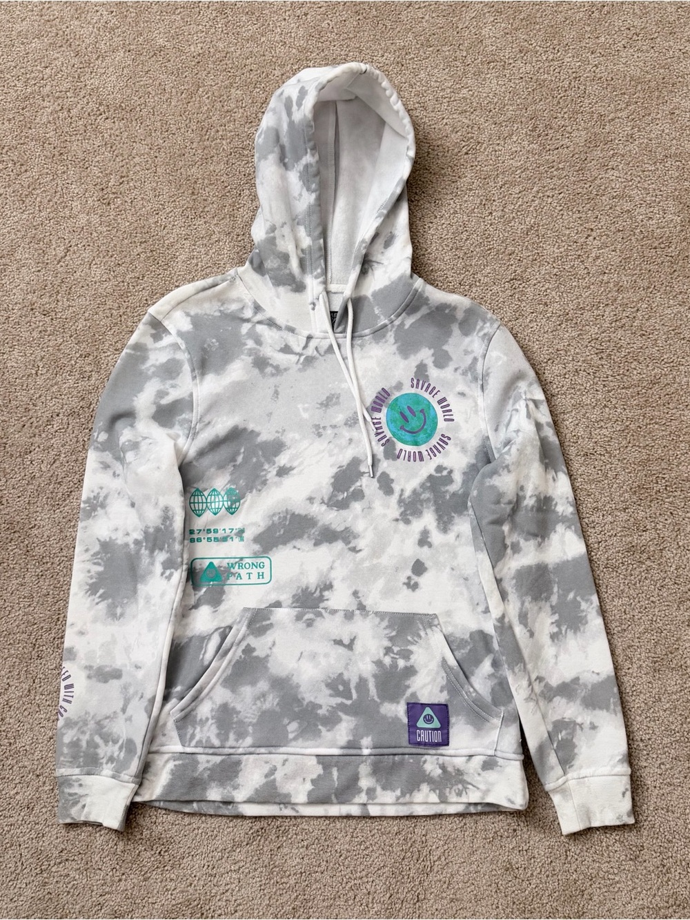 Brooklyn Cloth Men’s Gray and White Tie-Dye Hoodie with Teal & Purple Graphics M